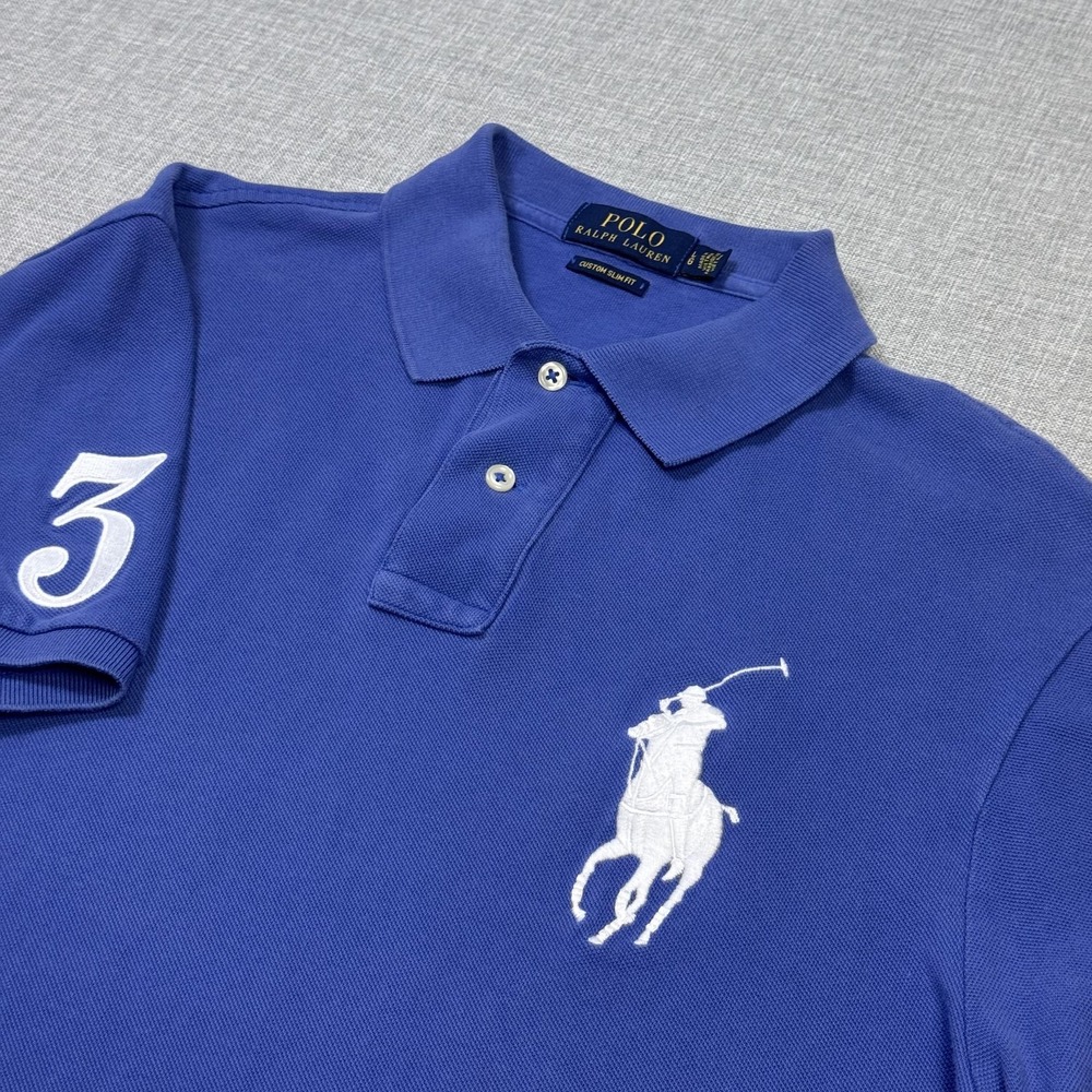 Polo Ralph Lauren Polo Shirt Mens Large Blue Big Pony #3 Custom Slim Fit Cotton